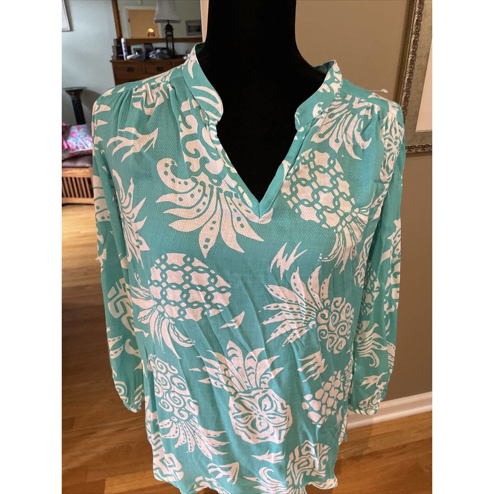 Barbara Gerwit Beach Theme pineapples Tunic V-neck Coverup long slv XS New